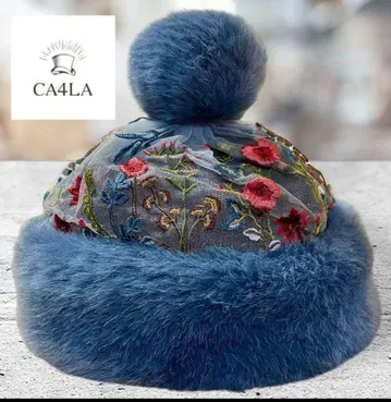 새상품급 CA4LA 카시라 니트 캡 퍼 폼폼 자수 네이비