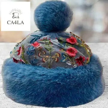 새상품급 CA4LA 카시라 니트 캡 퍼 폼폼 자수 네이비