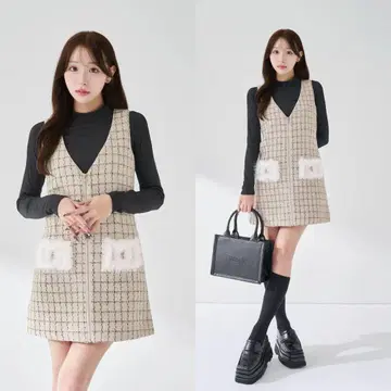 프론트 지퍼 트위드 미니 원피스 베이지