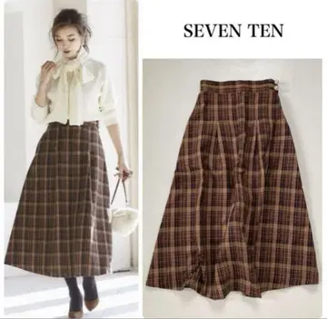 SEVEN TEN 세븐텐 펄 버튼 체크 스커트 브라운