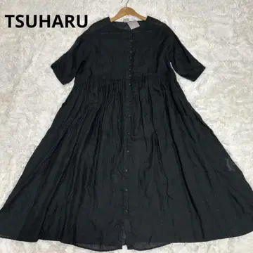 TSUHARU 린넨 100% 개더 롱 원피스 블랙
