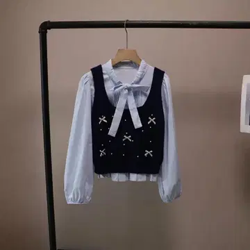 블루 x 네이비 리본 귀걸이 스위트 2피스 세트