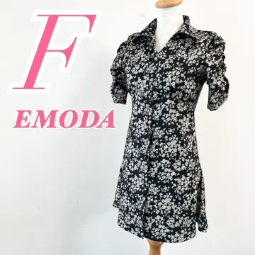 EMODA 에모다 꽃무늬 무릎 기장 원피스 F 셔츠 칼라 블랙 화이트