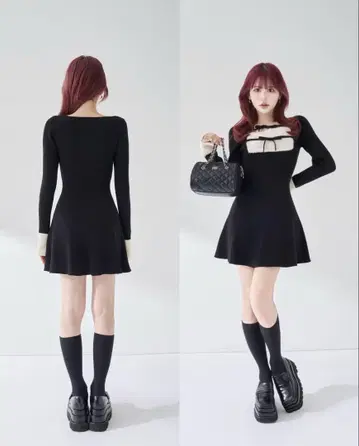 Darich 리본 퍼 플레어 니트 미니 원피스
