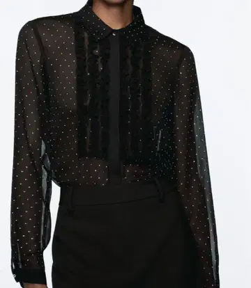 [ 컨디션 최상 ] ZARA 자라 시어 블라우스 큐빅 프릴 M 블랙