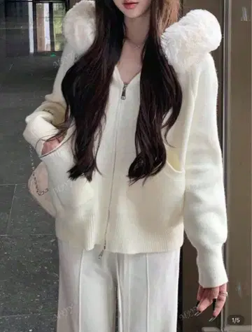 아이보리 후드 부착 니트 스웨터 니트 스웨터 가디건 퍼
