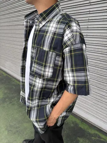 캔터베리 체크 무늬 반팔 셔츠 네이비