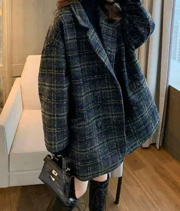 JUNOAH 체크 숏코트 그린 체크