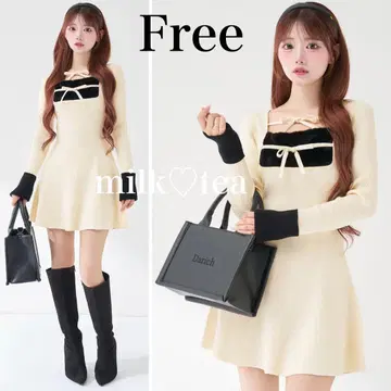 택 포함 새상품 다리치 리본 퍼 플레어 니트 미니 원피스 아이보리