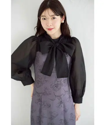 2WAY 보타이 리본 포함 라인 플라워 프린트 절개 머메이드 원피스