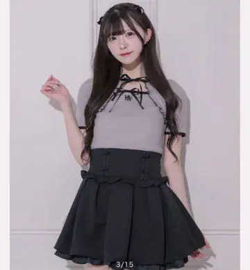 pium 더블 리본 케이프 와플 티셔츠 다크 그레이