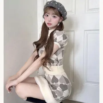 아가일 하트 체크 니트 셋업