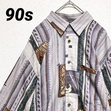 빈티지 레트로 90s 올 패턴 디자인 셔츠 폴리셔츠 긴팔 퍼플