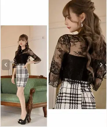 레이스 소매 체크 무늬 미니 드레스 L 사이즈
