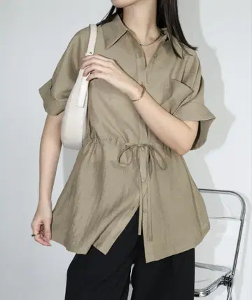 [andme] 린넨 블렌드 허리 리본 시어 셔츠 블라우스