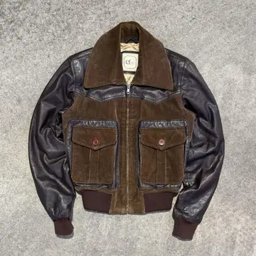 90s 빈티지 짧은 기장 블루종 가죽 x 코듀로이 절개 디자인