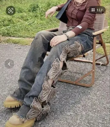 나비 자수 다크 그레이 데님 팬츠 버터플라이 데님 팬츠