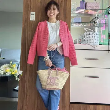 이데알루체 니트 가디건 큼직한 니트 핑크 세탁 가능 두꺼운 니트