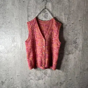 모헤어 베스트 레트로 손뜨개질 단추식 핑크 색상 선명 M~L