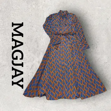 MAGJAY 긴팔 셔츠 롱 원피스 기하학 패턴 (F) 브라운 블루