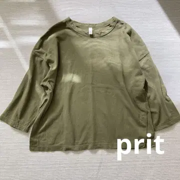 프릿 코튼 100% 7부 소매 티셔츠 루즈핏 카키