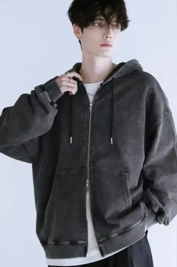 LILL 빈티지 가공 와이드 메탈 지퍼 후드티 XL 블랙(가공 없음)