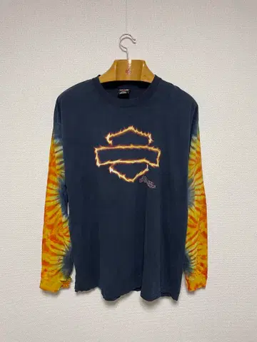 USA 할리데이비슨 프레임 로고 타이다이 염색 긴팔 티셔츠 롱티