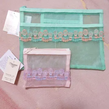 치카자와 레이스 멀티 파우치 메쉬 파우치 벌룬 그린 핑크