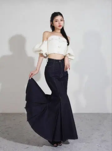 다크 데님 플레어 스커트 하이웨스트 다리치 Darich