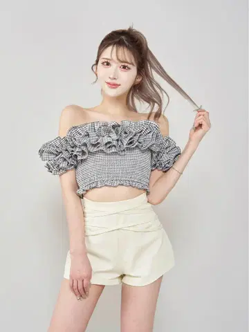 Darich 깅엄 체크 오프숄더 상의
