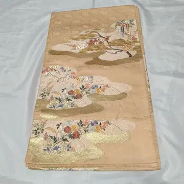 니시진 후쿠로 오비 지운토리 코바나 베이지 순수 실크 금실 자수