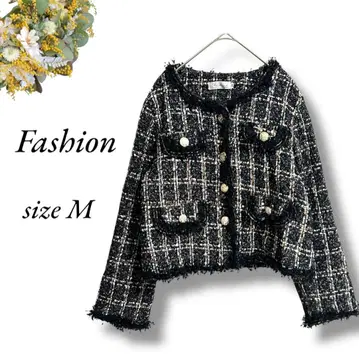 새상품급 Fashion 노카라 트위드 자켓 M 블랙 골드 버튼 4208