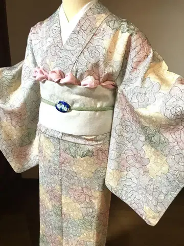 앤티크 기모노 순수 실크 코몬 장미 로즈 컬러풀