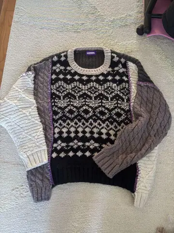 RAGEBLUE 오버 사이즈 핸드 스티치 도킹 크루넥 니트