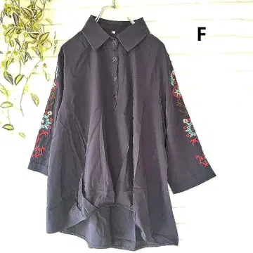 자수 네이비 반소매 카라 부착 셔츠 오버 사이즈 F 튜닉