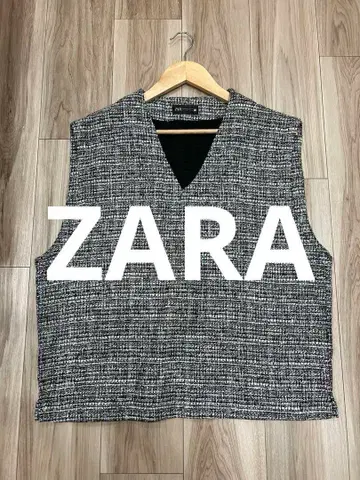 [ 트렌드 ] ZARA 자라 트위드 베스트 지레 V넥 모노톤 S-M