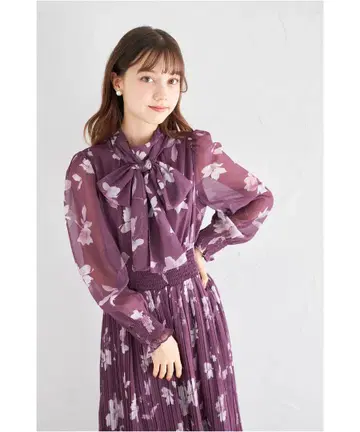 새상품 2WAY 보타이 리본 포함 플라워 프린트 셔링 플리츠 원피스