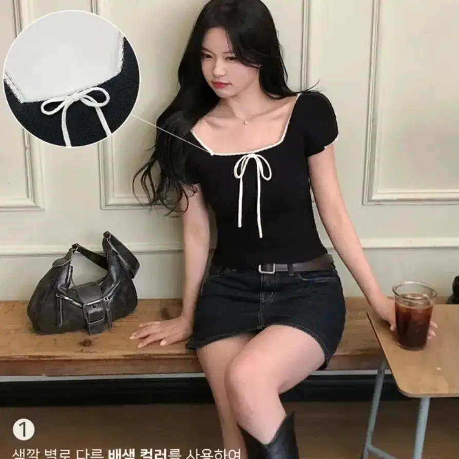 Deyrose Ribbon Color Block Short Sleeve T-shirt Black