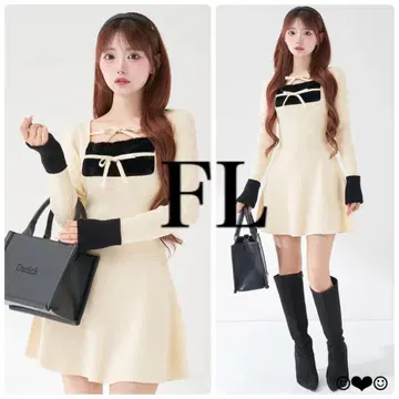 Darich 리본 퍼 플레어 니트 미니 원피스 화이트 FL