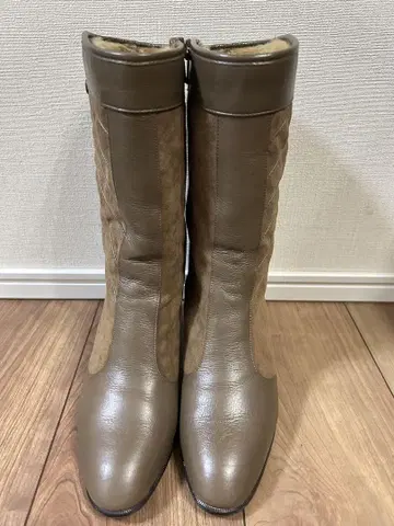 일본제 천연 가죽 미들 부츠 청키힐 [ 23cm ] 브라운