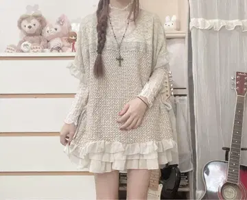 모리걸 페어리 그런지 레트로 리본 레이스 프릴 판초