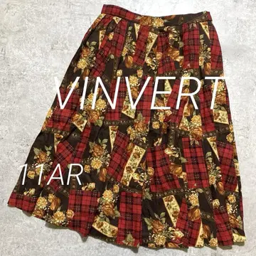 VINVERT 플레어 스커트 체크 무늬 꽃무늬 플리츠 스커트 레트로