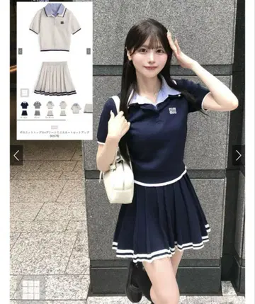 폴로 니트탑 x 플리츠 미니 스커트 셋업[kz678] 그레일