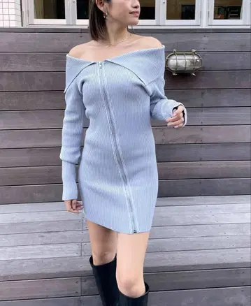 SPIRALGIRL 풀 집업 타이트 리브 원피스 오프숄더 미니 원피스