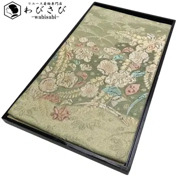 후쿠로 오비 아름다운 츠지 가 꽃 무늬 금실 우라야나기색 O-3172