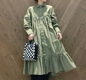 로즈버드 카키 셔츠 원피스 펄 버튼