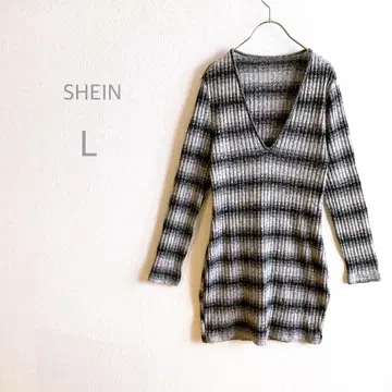 [ SHEIN ] V넥 리브 니트 원피스 보더 세미 타이트 Y2K
