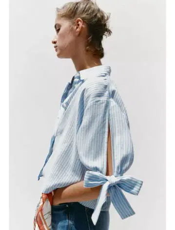 리본 포함 린넨 스트라이프 셔츠 M ZARA