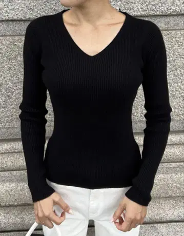 jenne 백 슬릿 배색 리브 니트