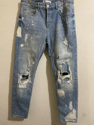 ZARA 데미지 데님 팬츠 32 청바지 페인트 라이트 블루